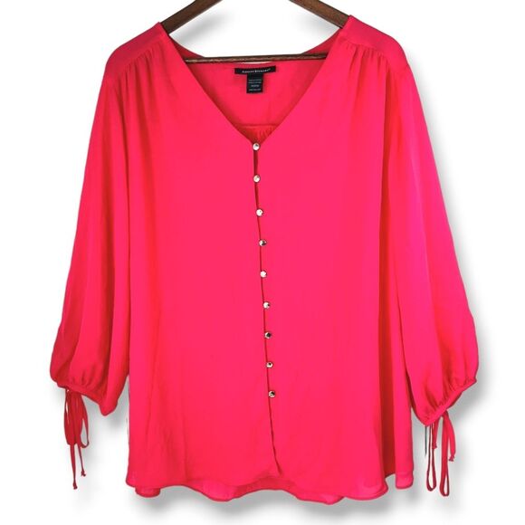 Ashley Stewart Tops - Ashley Stewart Hot Pink Flowy Button Down Bowtie Bishop Sleeves Blouse Sz 18/20W